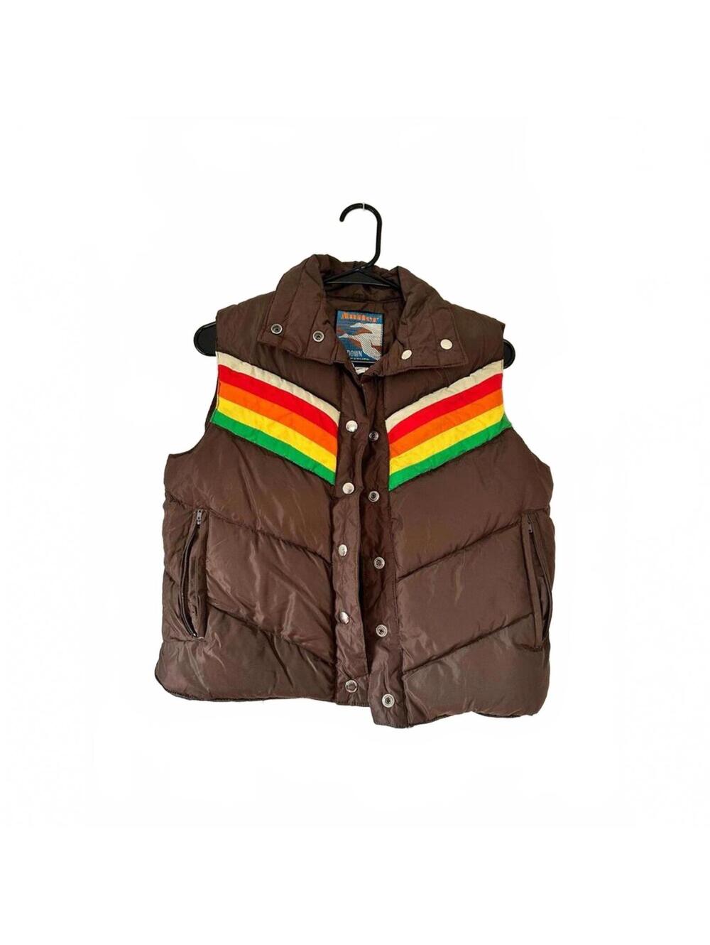Vintage Brown Down Feather Puffer Vest with Rainbow Stripe Detail Size M